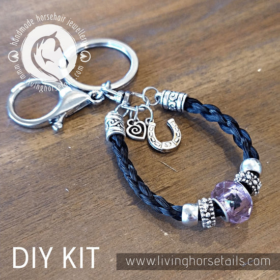 Living Horse Tails DIY KIT Keyring with acrylic glitter bead. Make your own with Horse tail hair. Custom jewellery Monika Australia horsehair keepsake