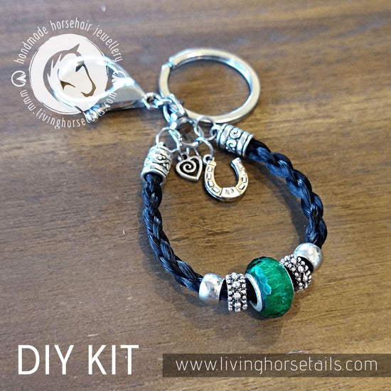 Living Horse Tails DIY KIT Keyring with acrylic glitter bead. Make your own with Horse tail hair. Custom jewellery Monika Australia horsehair keepsake