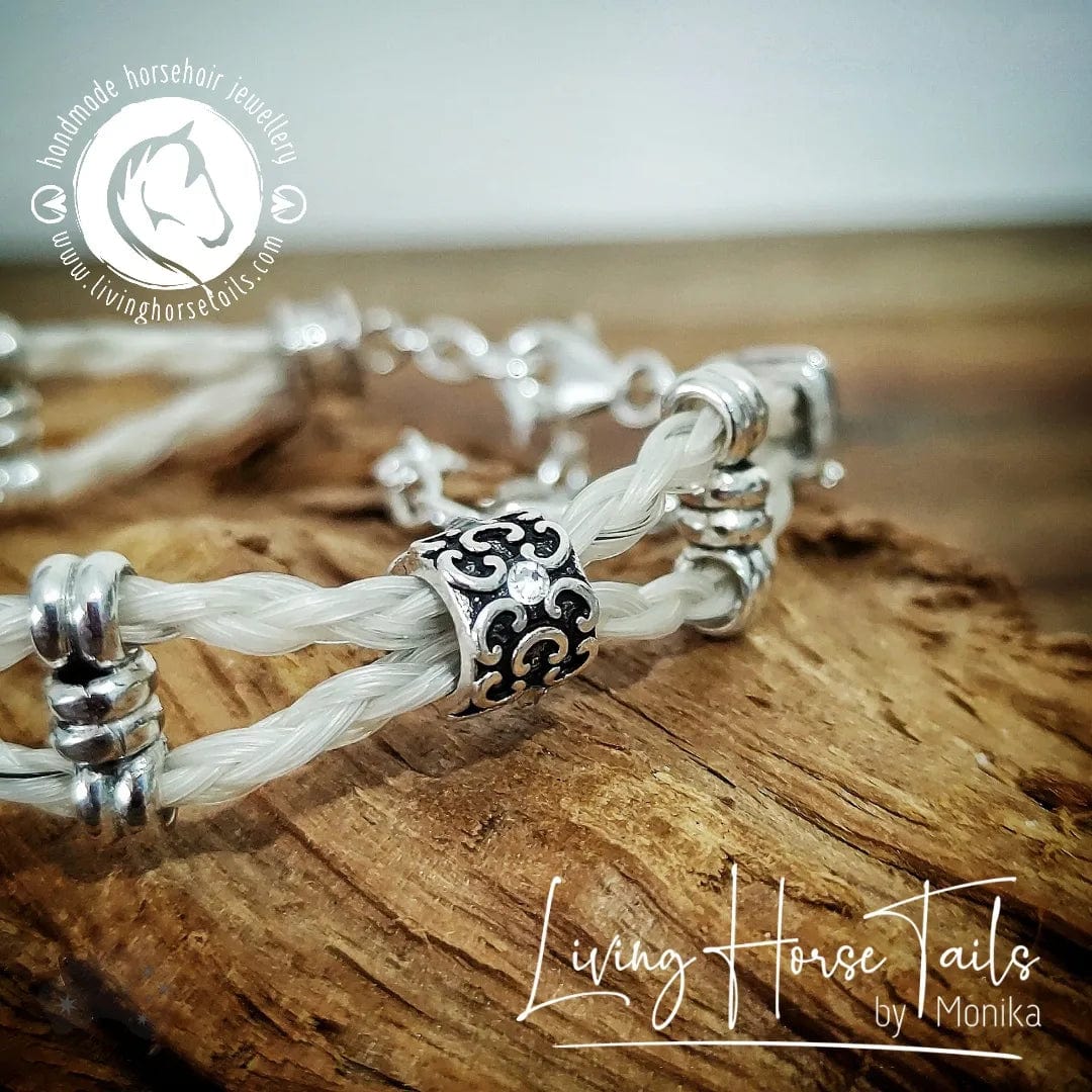 Load image into Gallery viewer, Living Horse Tails Double Layer Sterling Silver and Swarovski Beaded Horsehair Bracelet with Horseshoe Custom jewellery Monika Australia horsehair keepsake
