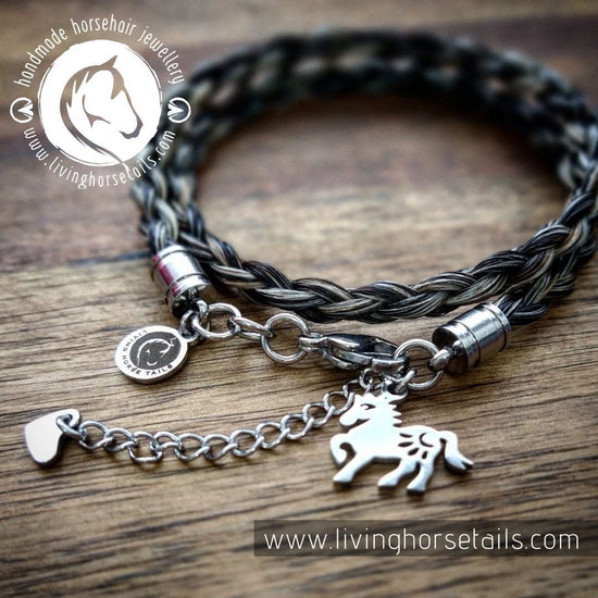 Braided horsehair bracelet in stainless steel with horse charm by Living Horse Tails Australia