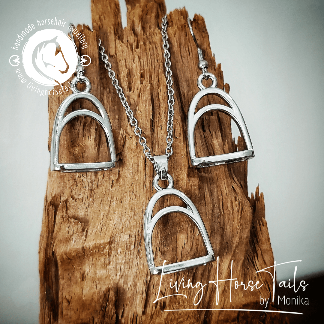Load image into Gallery viewer, Living Horse Tails Equestrian stirrup earrings and necklace Custom jewellery Monika Australia horsehair keepsake
