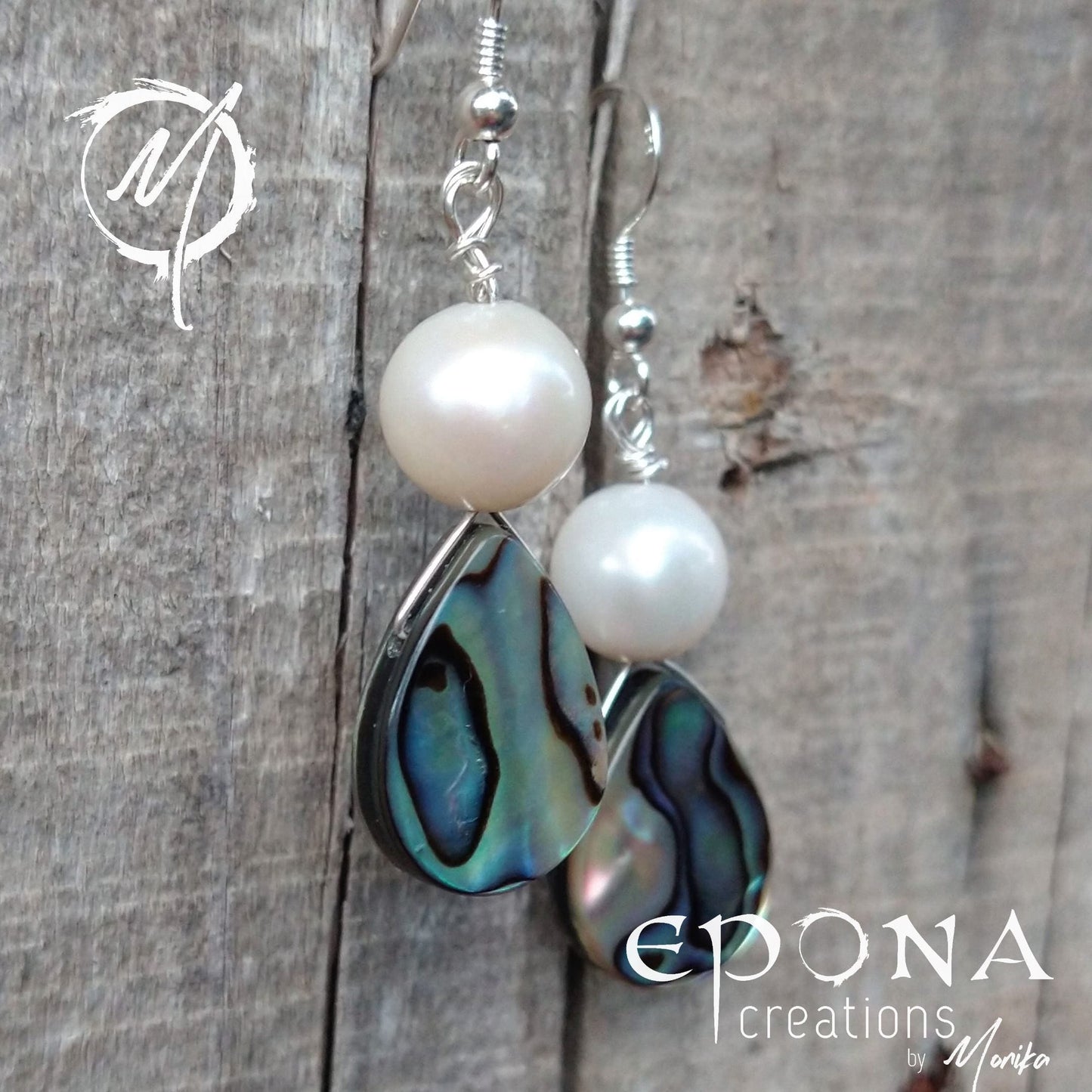 Living Horse Tails Freshwater pearls and Paua shell silver earrings Custom jewellery Monika Australia horsehair keepsake