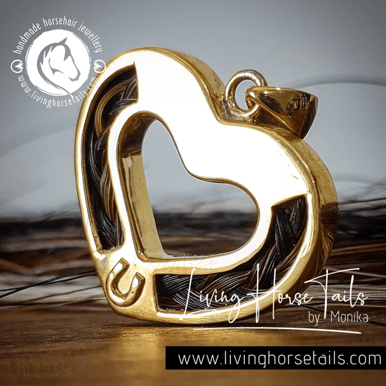Living Horse Tails Gold Heart and Horseshoe Pendant inlaid with Horsehair Braid (Solid Yellow or Rose Gold) Custom jewellery Monika Australia horsehair keepsake