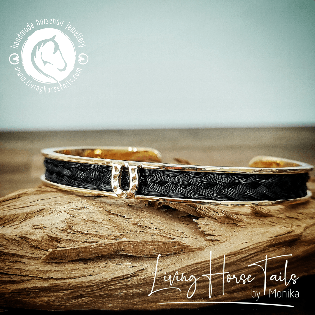 Living Horse Tails Gold Horsehair Braid Inlaid Cuff / Bangle with Horseshoe detail Custom jewellery Monika Australia horsehair keepsake