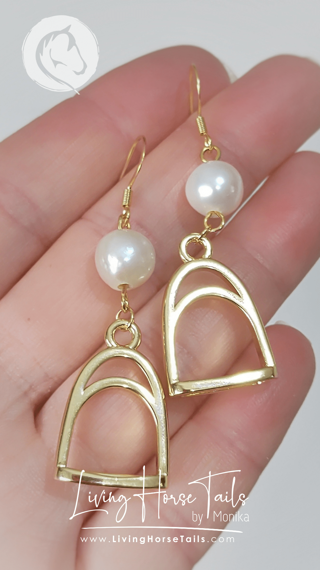 Living Horse Tails Gold pearl stirrup earrings Custom jewellery Monika Australia horsehair keepsake