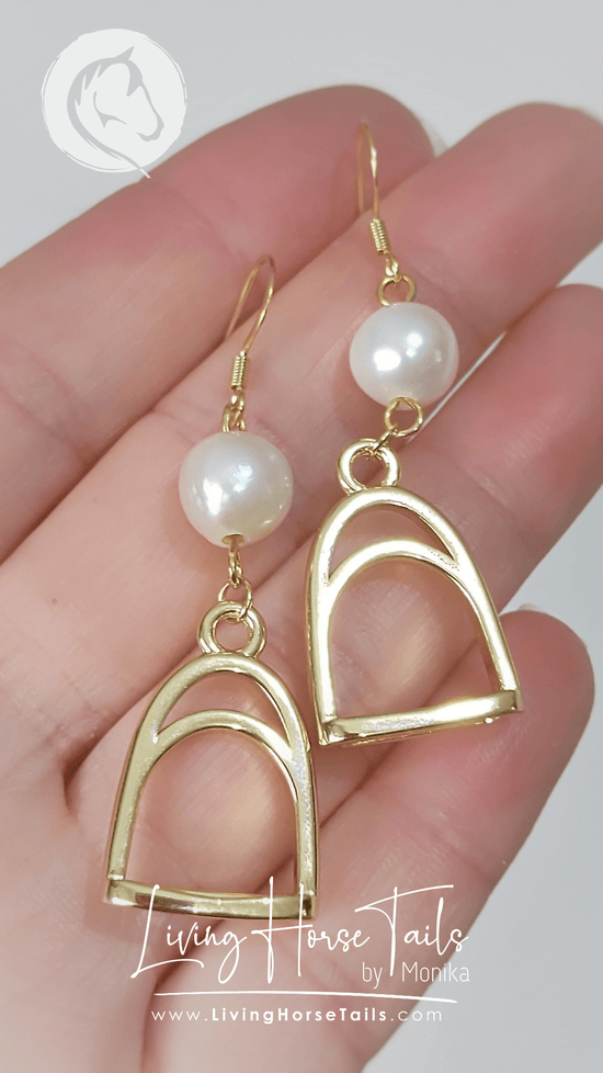 Load image into Gallery viewer, Living Horse Tails Gold pearl stirrup earrings Custom jewellery Monika Australia horsehair keepsake
