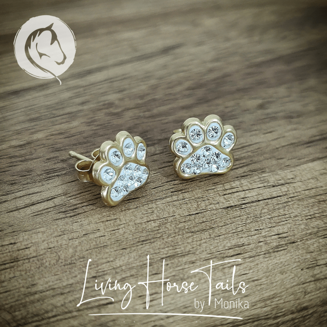 Living Horse Tails Gold plated Sterling Silver and Crystal Paw stud earrings Custom jewellery Monika Australia horsehair keepsake