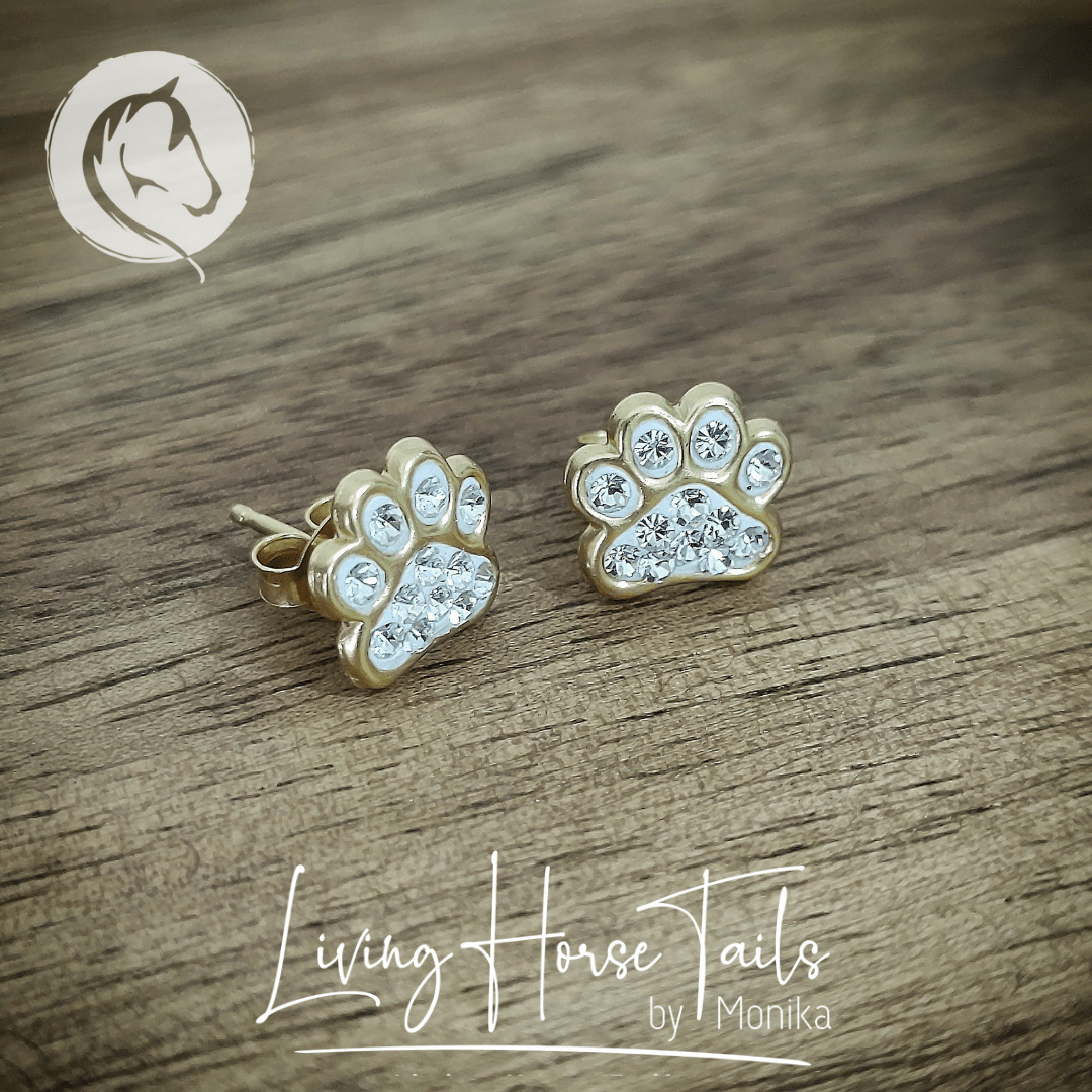 Load image into Gallery viewer, Living Horse Tails Gold plated Sterling Silver and Crystal Paw stud earrings Custom jewellery Monika Australia horsehair keepsake
