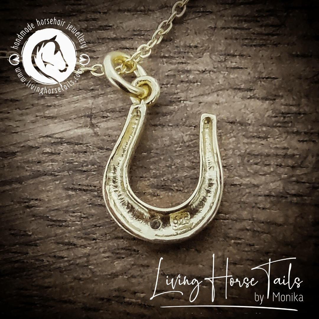 Load image into Gallery viewer, Living Horse Tails Gold tone Horseshoe Necklace Custom jewellery Monika Australia horsehair keepsake
