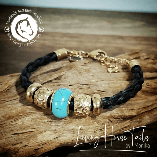 Living Horse Tails "Gypsy" Stainless Steel Gold and Turquoise Coloured Horsehair Bracelet Custom jewellery Monika Australia horsehair keepsake