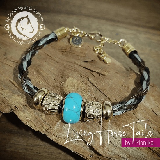 Living Horse Tails "Gypsy" Stainless Steel Gold and Turquoise Coloured Horsehair Bracelet Custom jewellery Monika Australia horsehair keepsake