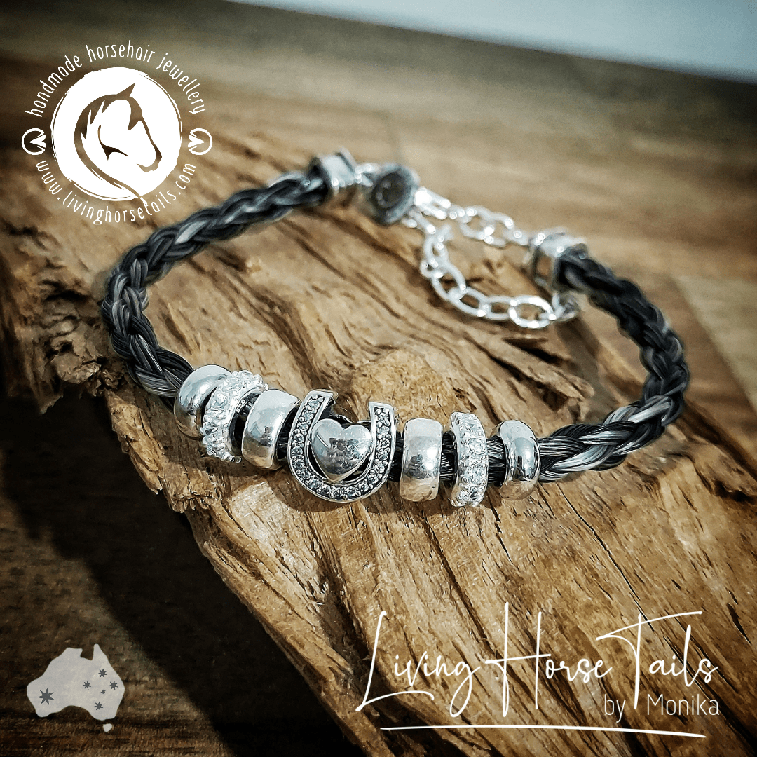 Living Horse Tails Heart in Horseshoe Sterling Silver Horsehair bracelet Custom jewellery Monika Australia horsehair keepsake