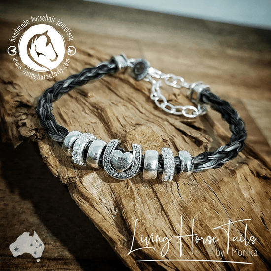 Living Horse Tails Heart in Horseshoe Sterling Silver Horsehair bracelet Custom jewellery Monika Australia horsehair keepsake