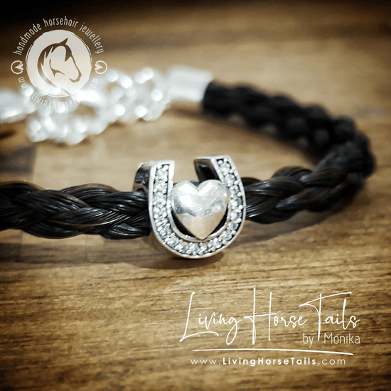 Living Horse Tails Horsehair Bracelet in Sterling Silver with Heart and Horseshoe Bead Custom jewellery Monika Australia horsehair keepsake