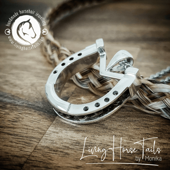 Living Horse Tails Horseshoe Bar pendant inlaid with horsehair in sterling silver Custom jewellery Monika Australia horsehair keepsake