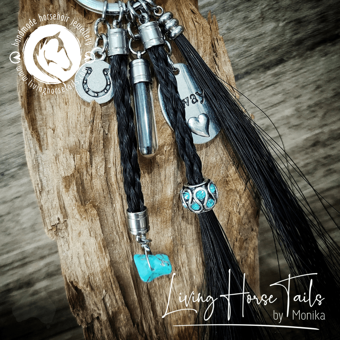 Living Horse Tails Keyring / Sun Catcher. Multi Faceted Custom Made with Horsehair and horseshoe Custom jewellery Monika Australia horsehair keepsake
