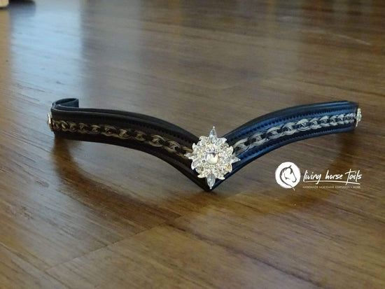 Load image into Gallery viewer, Living Horse Tails Leather V Browband with Braided Horsehair Inlay Custom jewellery Monika Australia horsehair keepsake
