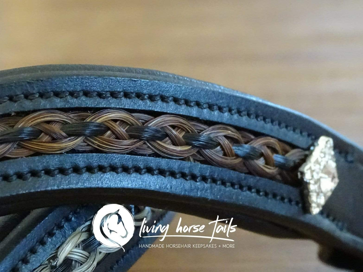 Load image into Gallery viewer, Leather Wave  Browband with Braided Horsehair Inlay and Rhinestones Browband Living Horse Tails Handmade Jewellery Custom Horse Hair Keepsakes Australia
