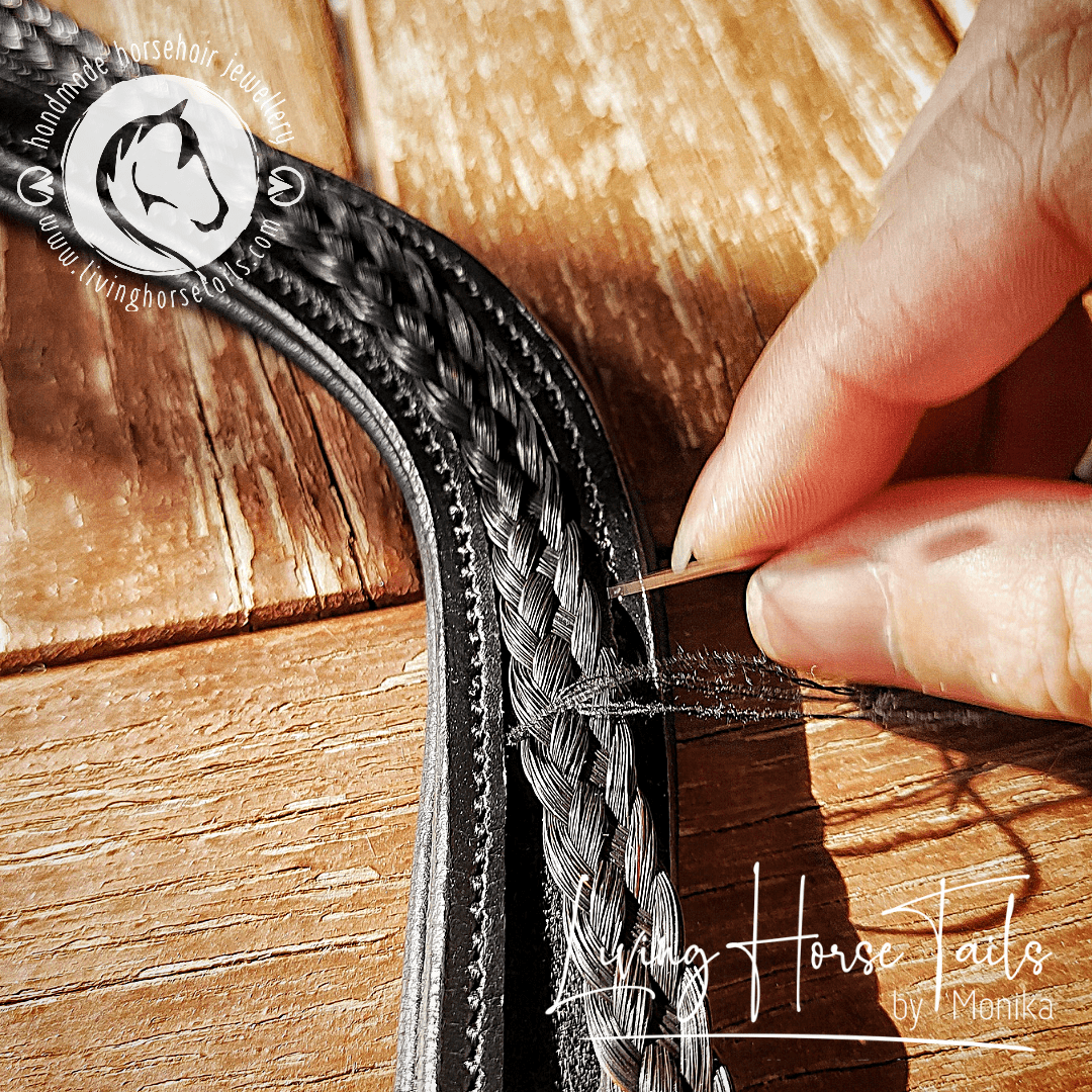 Load image into Gallery viewer, Living Horse Tails Leather Wave  Browband with Braided Horsehair Inlay and Rhinestones Custom jewellery Monika Australia horsehair keepsake
