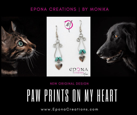 Load image into Gallery viewer, Living Horse Tails Paw Prints on my Heart Drop Earrings Custom jewellery Monika Australia horsehair keepsake
