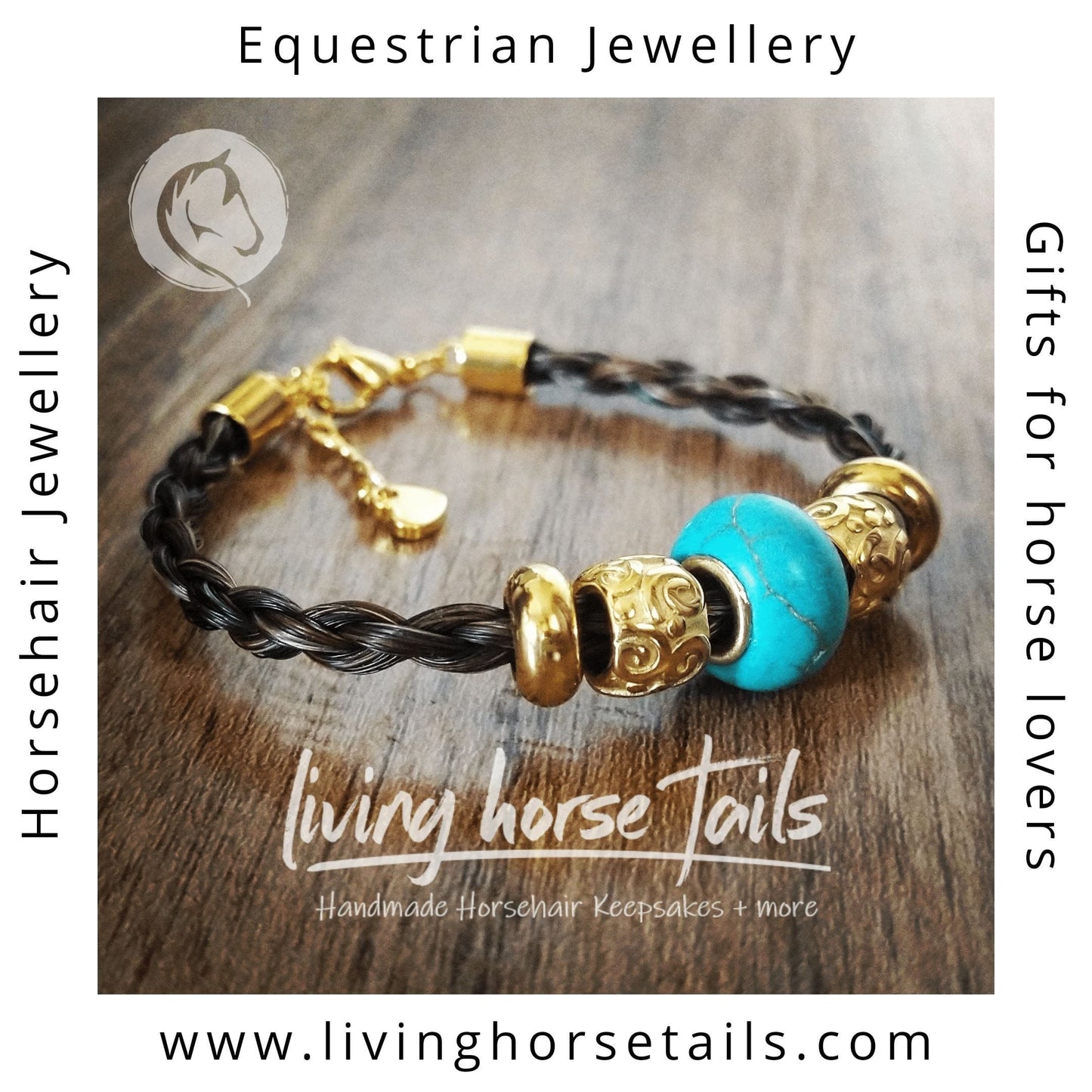 Load image into Gallery viewer, Living Horse Tails Stainless Steel Gold and Turquoise Coloured Horsehair Bracelet Custom jewellery Monika Australia horsehair keepsake
