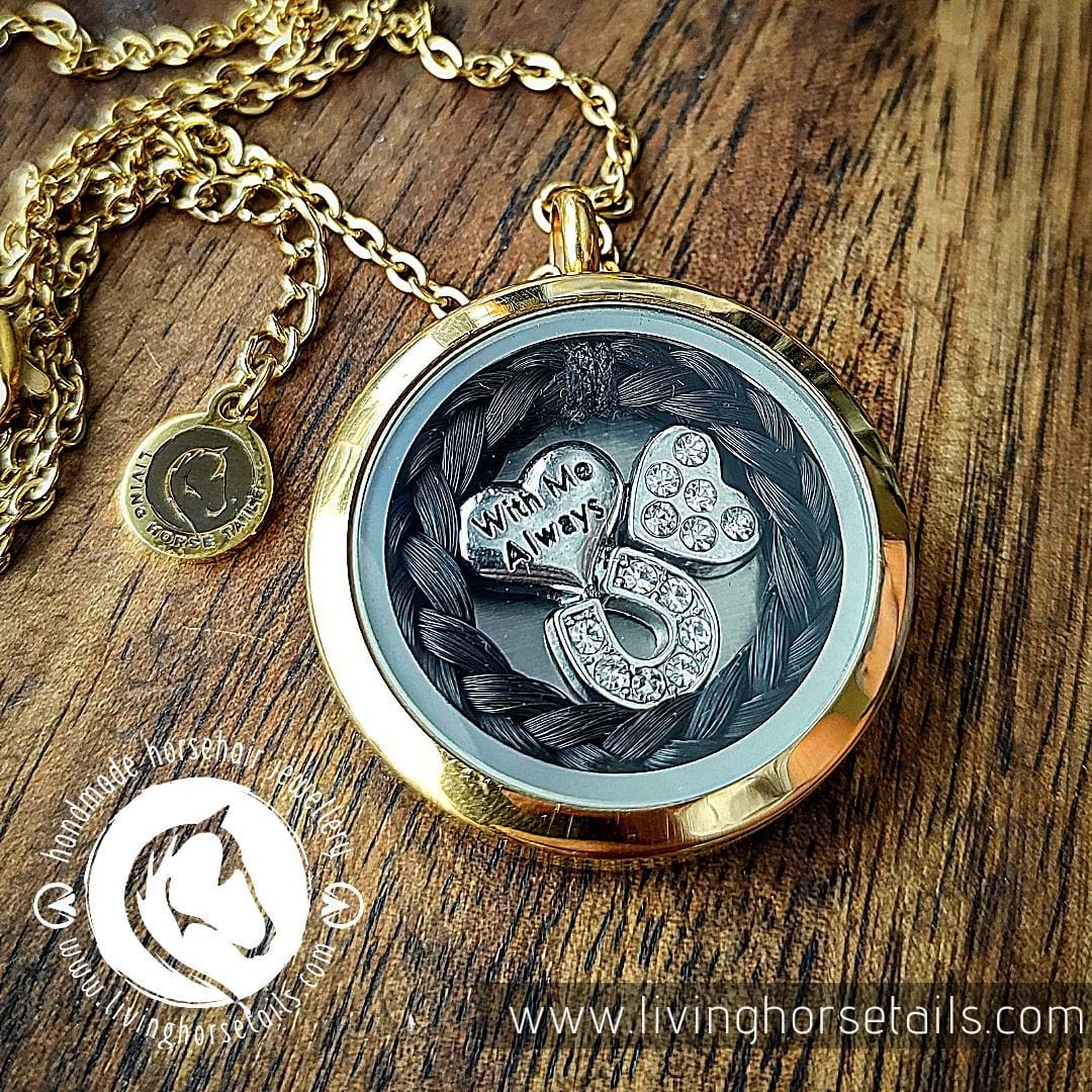 Living Horse Tails Stainless steel horse hair memory locket with chain Gold Custom jewellery Monika Australia horsehair keepsake