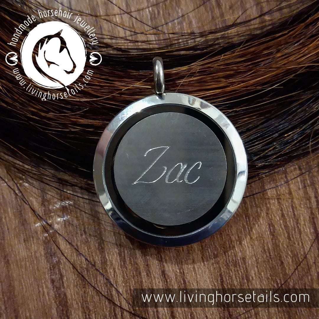 Living Horse Tails Stainless steel memory locket with engraved disc Custom jewellery Monika Australia horsehair keepsake
