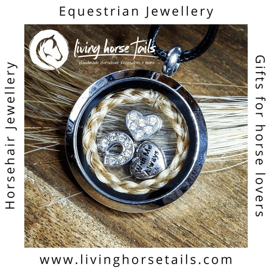 Living Horse Tails Stainless steel memory locket with engraved disc Custom jewellery Monika Australia horsehair keepsake