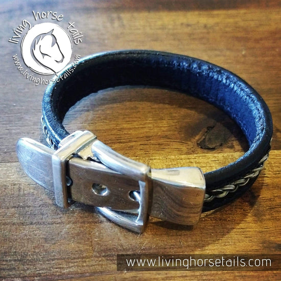 Stainless steel, stitched leather and horsehair buckle bracelet Living Horse Tails Handmade Jewellery Custom Horse Hair Keepsakes Australia