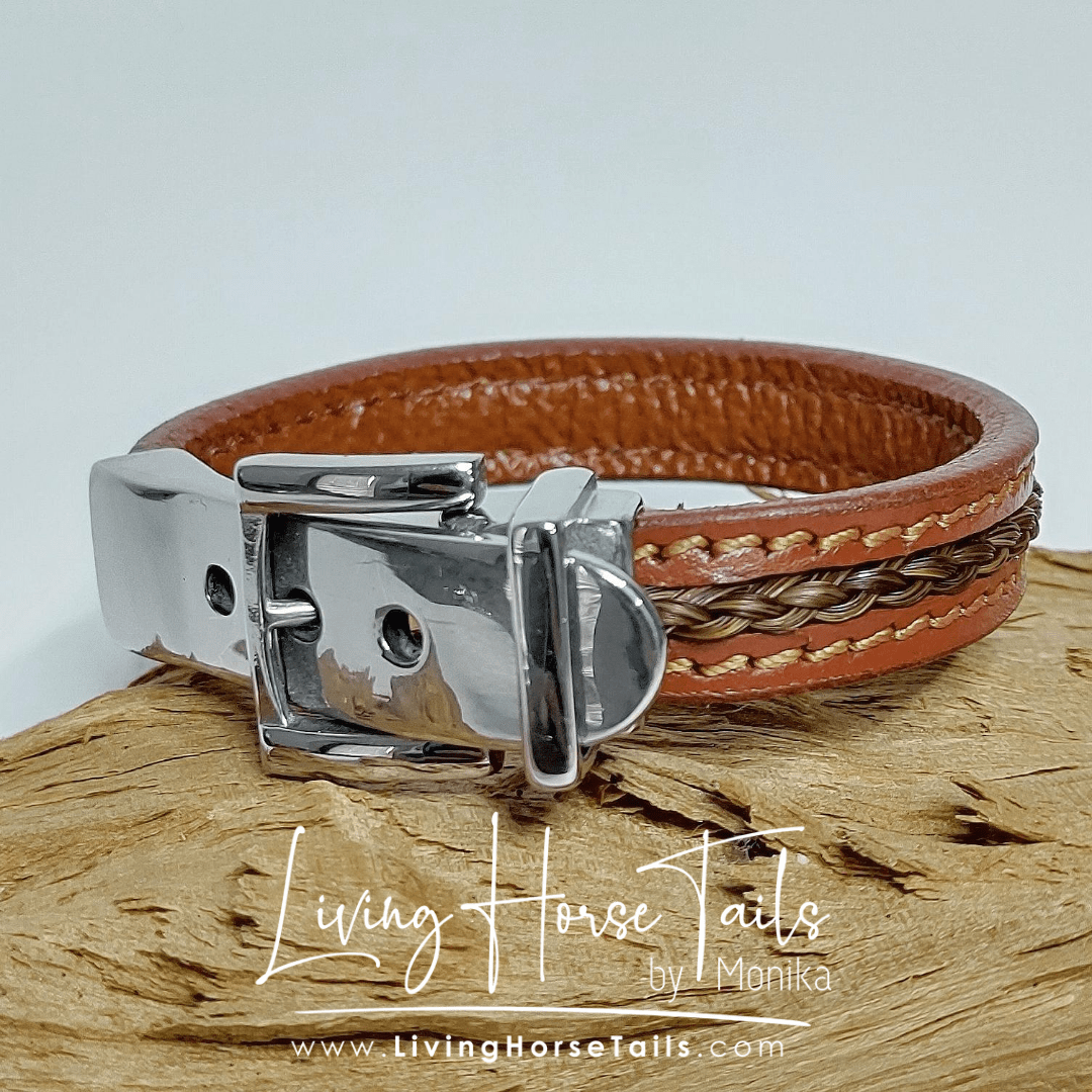 Load image into Gallery viewer, Living Horse Tails Stainless steel, stitched leather and horsehair buckle bracelet Custom jewellery Monika Australia horsehair keepsake
