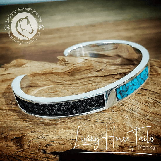 Living Horse Tails Sterling Silver and Turquoise Horsehair Braid Inlaid Cuff / Bangle Custom jewellery Monika Australia horsehair keepsake