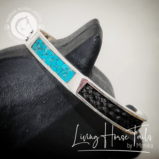 Load image into Gallery viewer, Living Horse Tails Sterling Silver and Turquoise Horsehair Braid Inlaid Cuff / Bangle Custom jewellery Monika Australia horsehair keepsake
