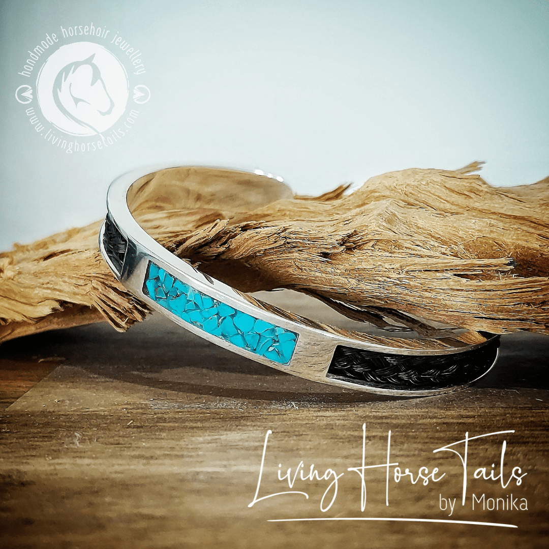 Living Horse Tails Sterling Silver and Turquoise Horsehair Braid Inlaid Cuff / Bangle Custom jewellery Monika Australia horsehair keepsake