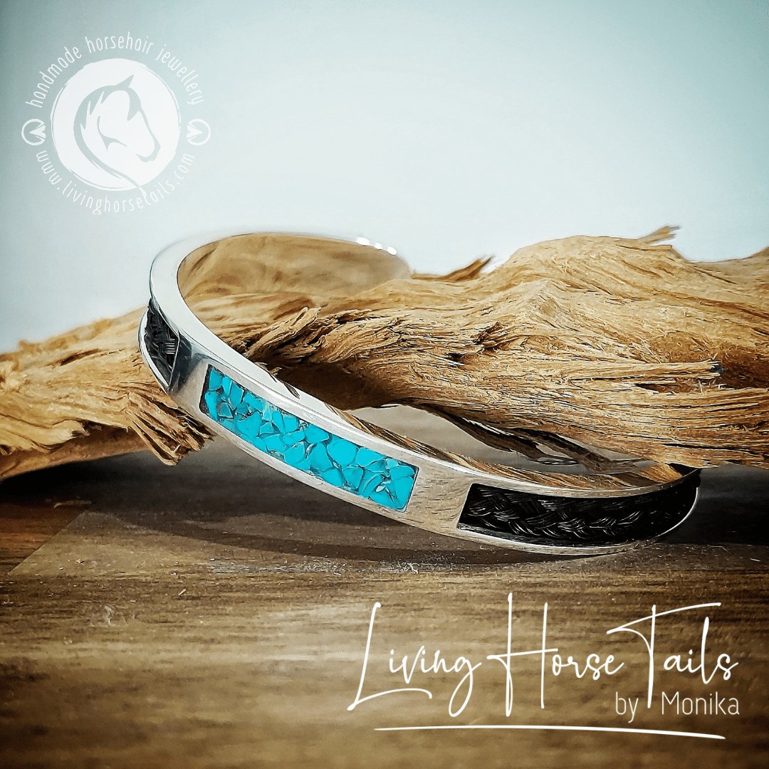 Load image into Gallery viewer, Living Horse Tails Sterling Silver and Turquoise Horsehair Braid Inlaid Cuff / Bangle Custom jewellery Monika Australia horsehair keepsake
