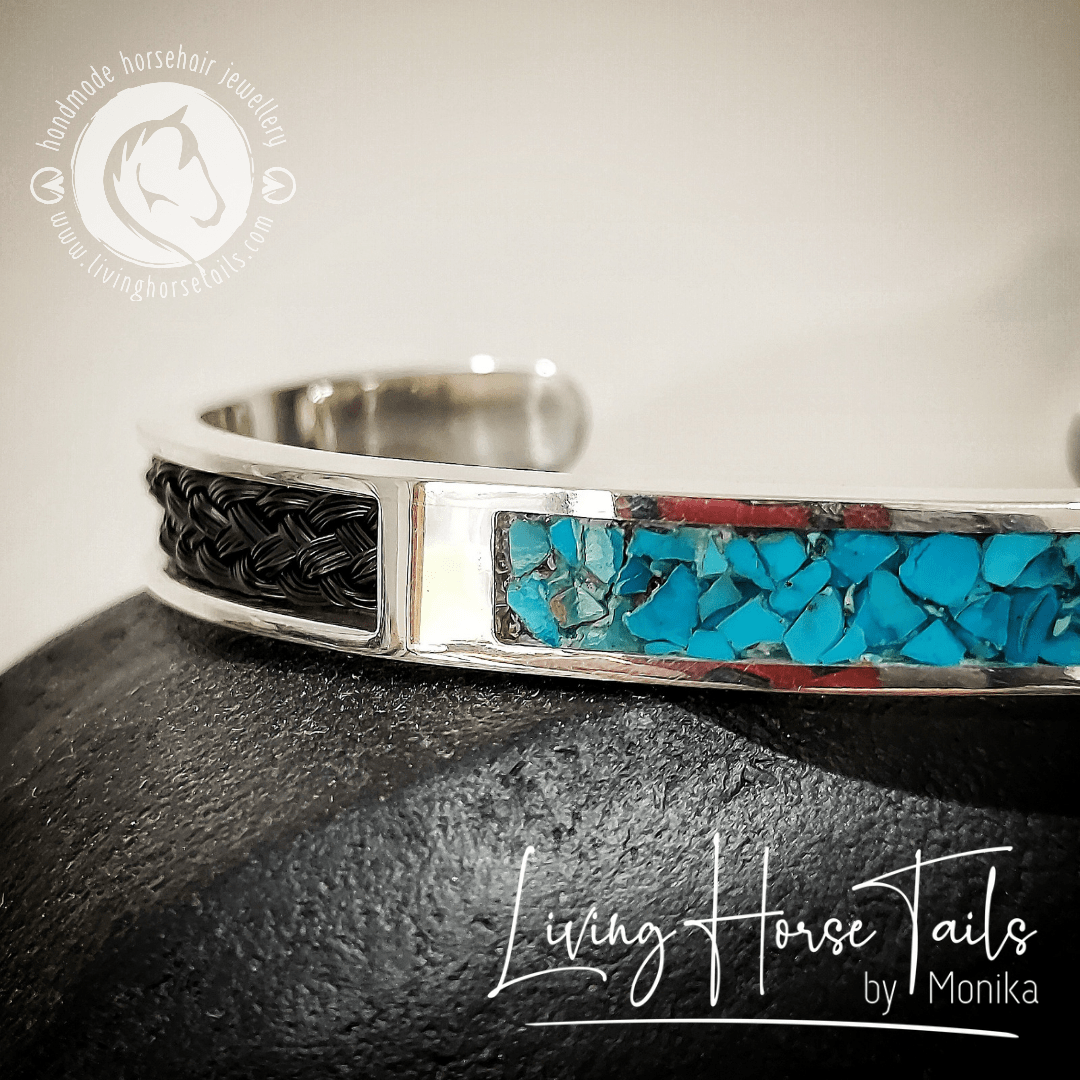 Living Horse Tails Sterling Silver and Turquoise Horsehair Braid Inlaid Cuff / Bangle Custom jewellery Monika Australia horsehair keepsake