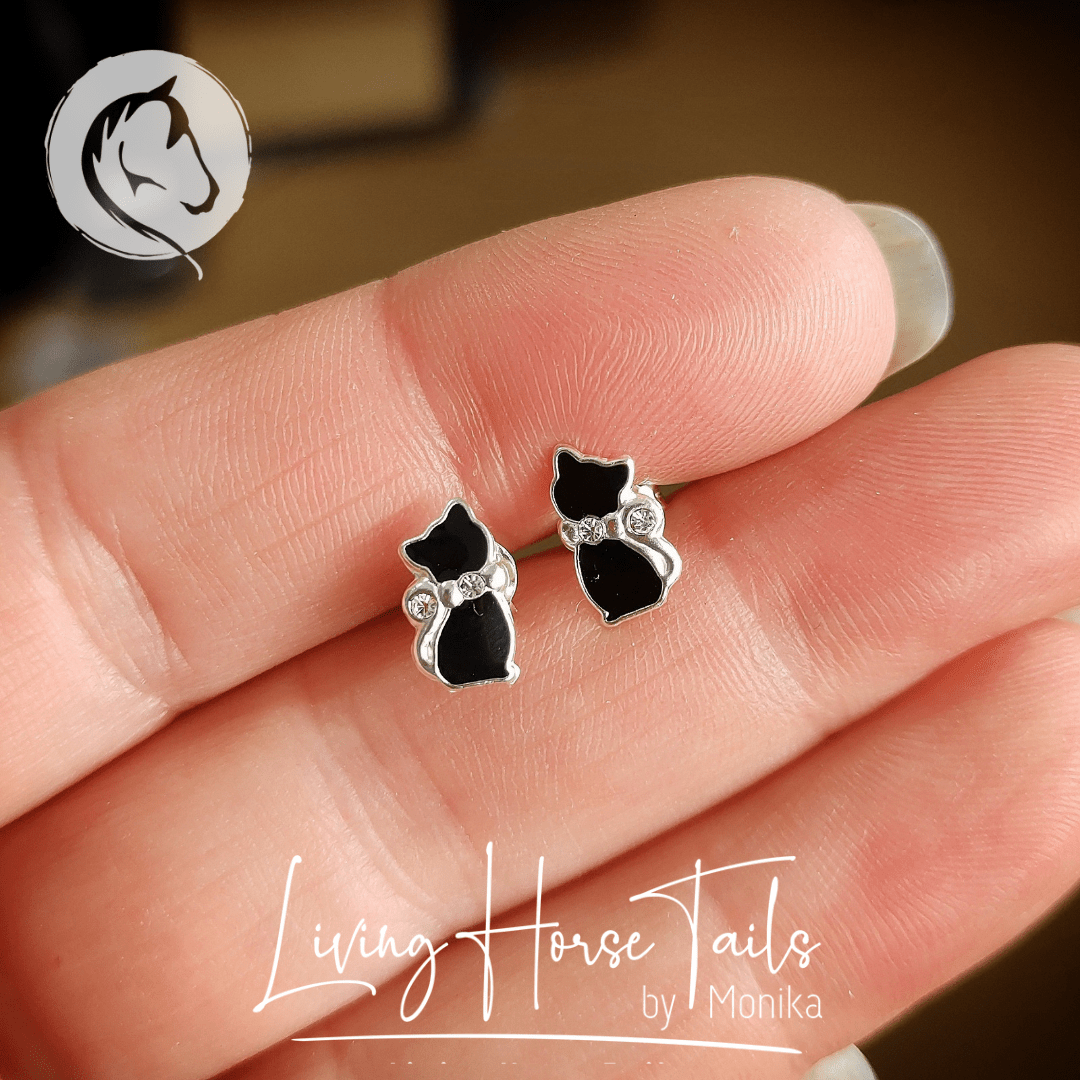 Sterling Silver Enamel black cat and crystal stud earrings