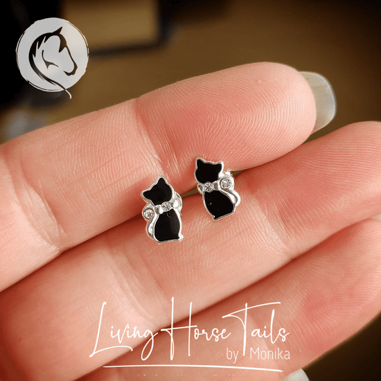 Living Horse Tails Sterling Silver Enamel black cat and crystal stud earrings Custom jewellery Monika Australia horsehair keepsake