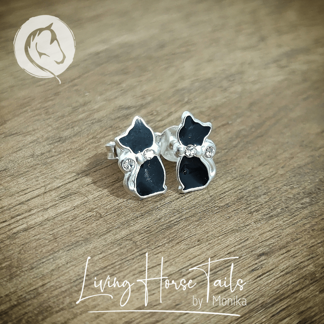 Sterling Silver Enamel black cat and crystal stud earrings