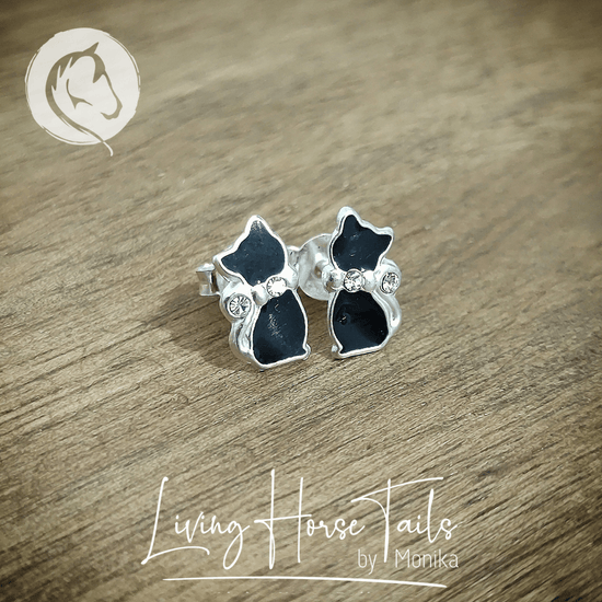 Living Horse Tails Sterling Silver Enamel black cat and crystal stud earrings Custom jewellery Monika Australia horsehair keepsake