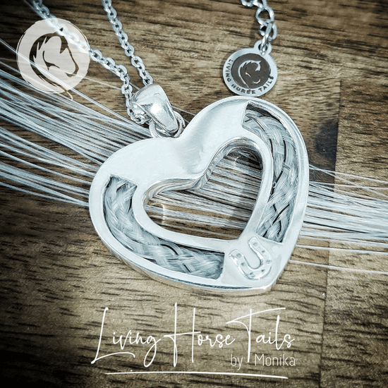 Living Horse Tails Sterling Silver Heart and Horseshoe Pendant inlaid with Horsehair Braid Custom jewellery Monika Australia horsehair keepsake