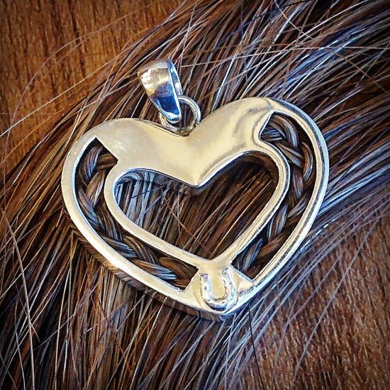 Living Horse Tails Sterling Silver Heart and Horseshoe Pendant inlaid with Horsehair Braid Custom jewellery Monika Australia horsehair keepsake