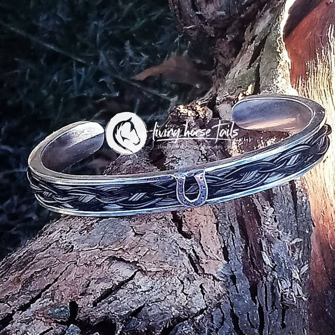 Sterling Silver Horsehair Braid Inlaid Cuff / Bangle with Horseshoe detail Living Horse Tails Handmade Jewellery Custom Horse Hair Keepsakes Australia