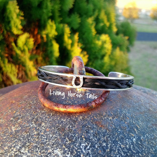 Sterling Silver Horsehair Braid Inlaid Cuff / Bangle with Horseshoe detail Living Horse Tails Handmade Jewellery Custom Horse Hair Keepsakes Australia