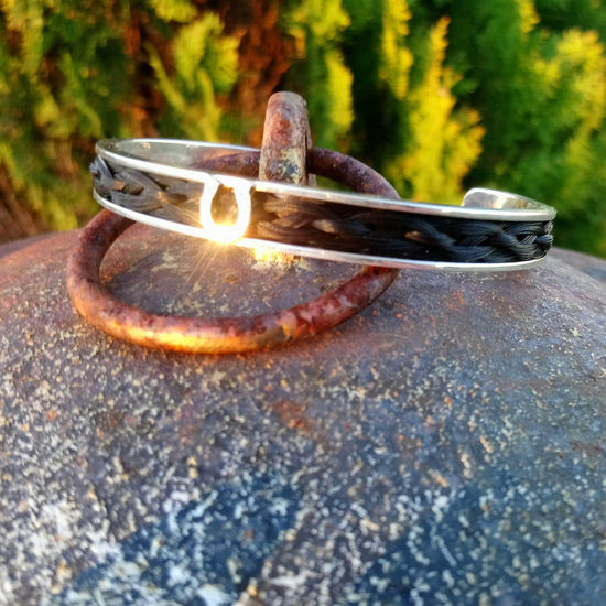 Sterling Silver Horsehair Braid Inlaid Cuff / Bangle with Horseshoe detail Black - Use stock hair BRAC-048-SB Living Horse Tails Handmade Jewellery Custom Horse Hair Keepsakes Australia