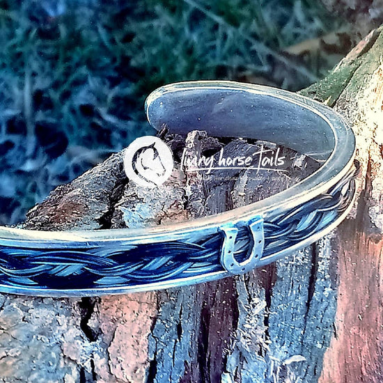 Living Horse Tails Sterling Silver Horsehair Braid Inlaid Cuff / Bangle with Horseshoe detail Custom jewellery Monika Australia horsehair keepsake