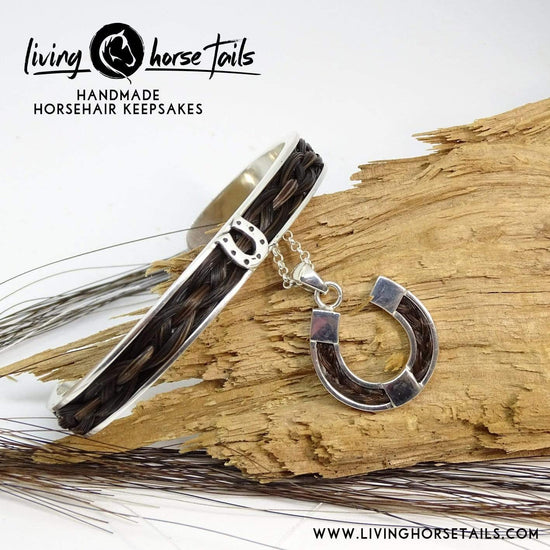 Living Horse Tails Sterling Silver Horsehair Braid Inlaid Cuff / Bangle with Horseshoe detail Custom jewellery Monika Australia horsehair keepsake