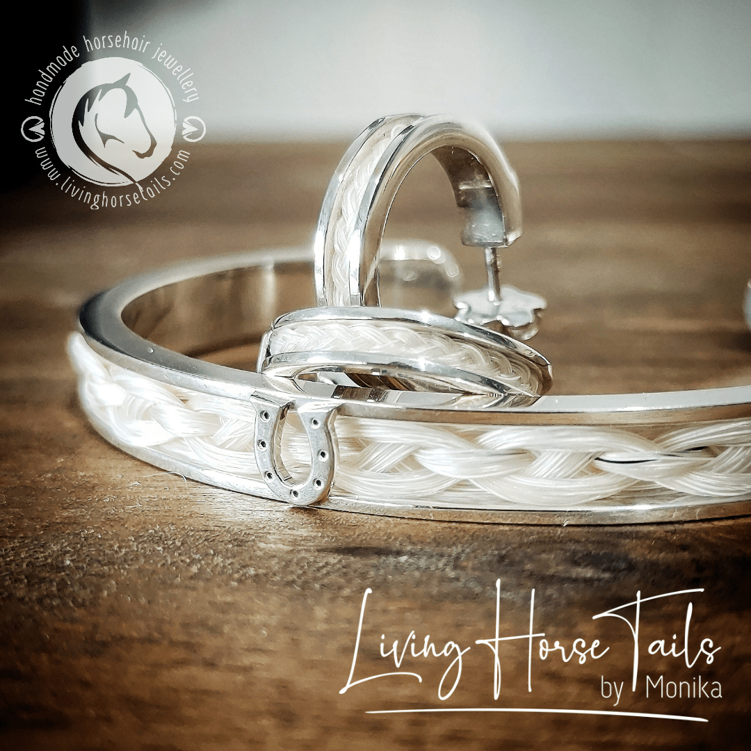 Living Horse Tails Sterling Silver Horsehair Braid Inlaid Cuff / Bangle with Horseshoe detail Custom jewellery Monika Australia horsehair keepsake