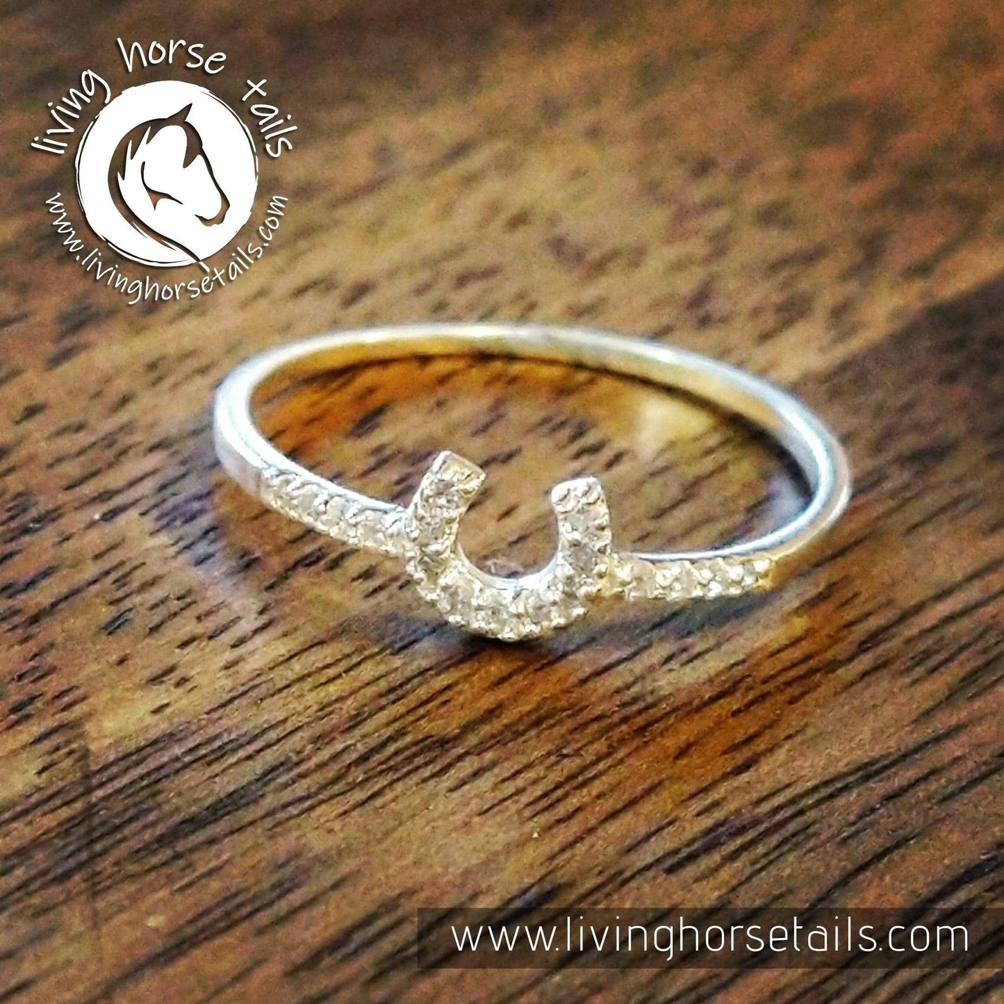 Load image into Gallery viewer, Sterling Silver Horseshoe and Cubic Zirconia Ring Living Horse Tails Handmade Jewellery Custom Horse Hair Keepsakes Australia
