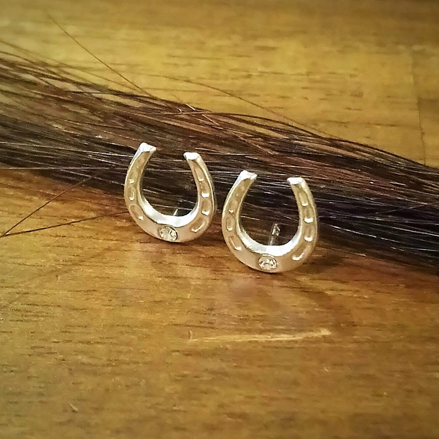 Sterling Silver Horseshoe Stud Earrings with Crystal Detail Stock Sterling Horseshoe Earrings EAR-035-S-1 Living Horse Tails Handmade Jewellery Custom Horse Hair Keepsakes Australia