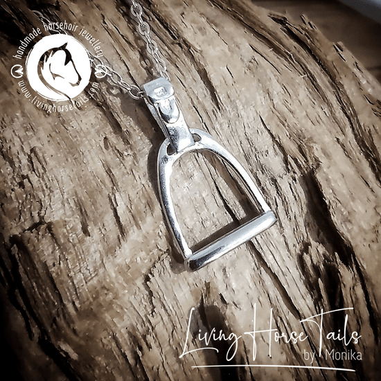Load image into Gallery viewer, Living Horse Tails Sterling silver stirrup iron necklace Custom jewellery Monika Australia horsehair keepsake

